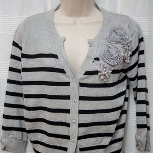 Gray/Black Striped Petite Cardigan with Rosettes